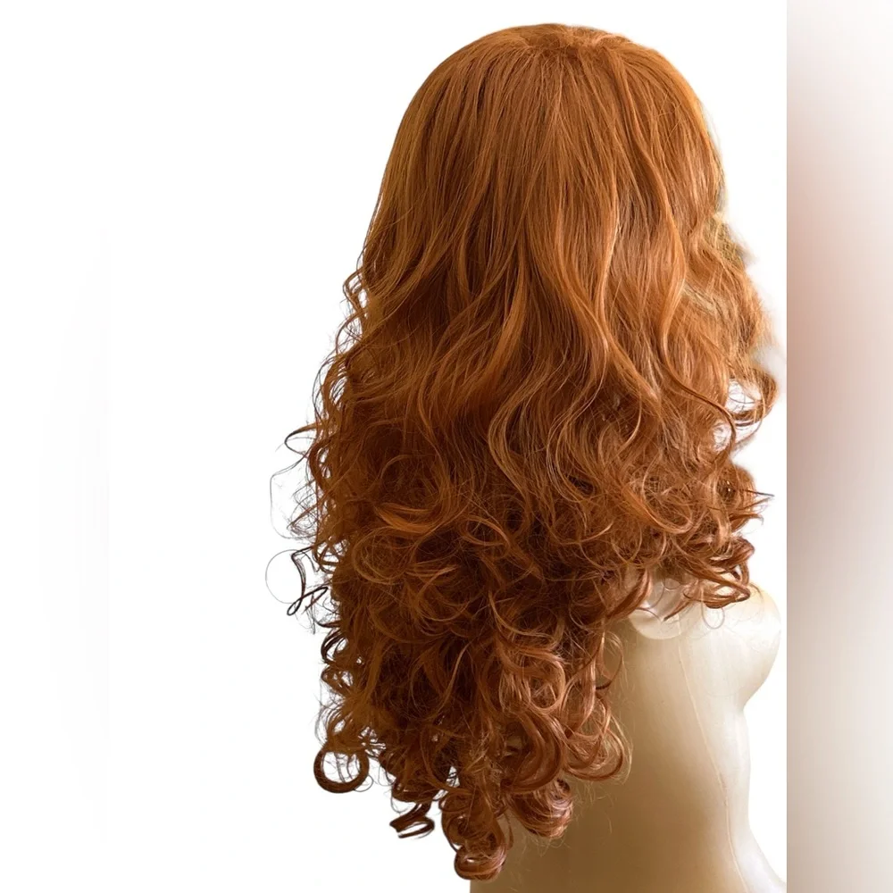 Halo Ginger Auburn Long Wavy Wig with Curtain Bangs Natural Middle Part 26”NWT